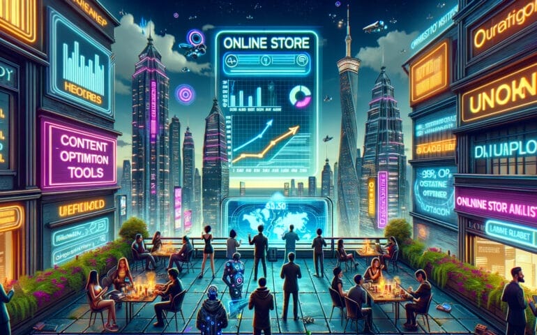 Cyberpunk-style illustration of a rooftop gathering in a mega-city. Entrepreneurs and tech enthusiasts congregate around a holographic projector displ