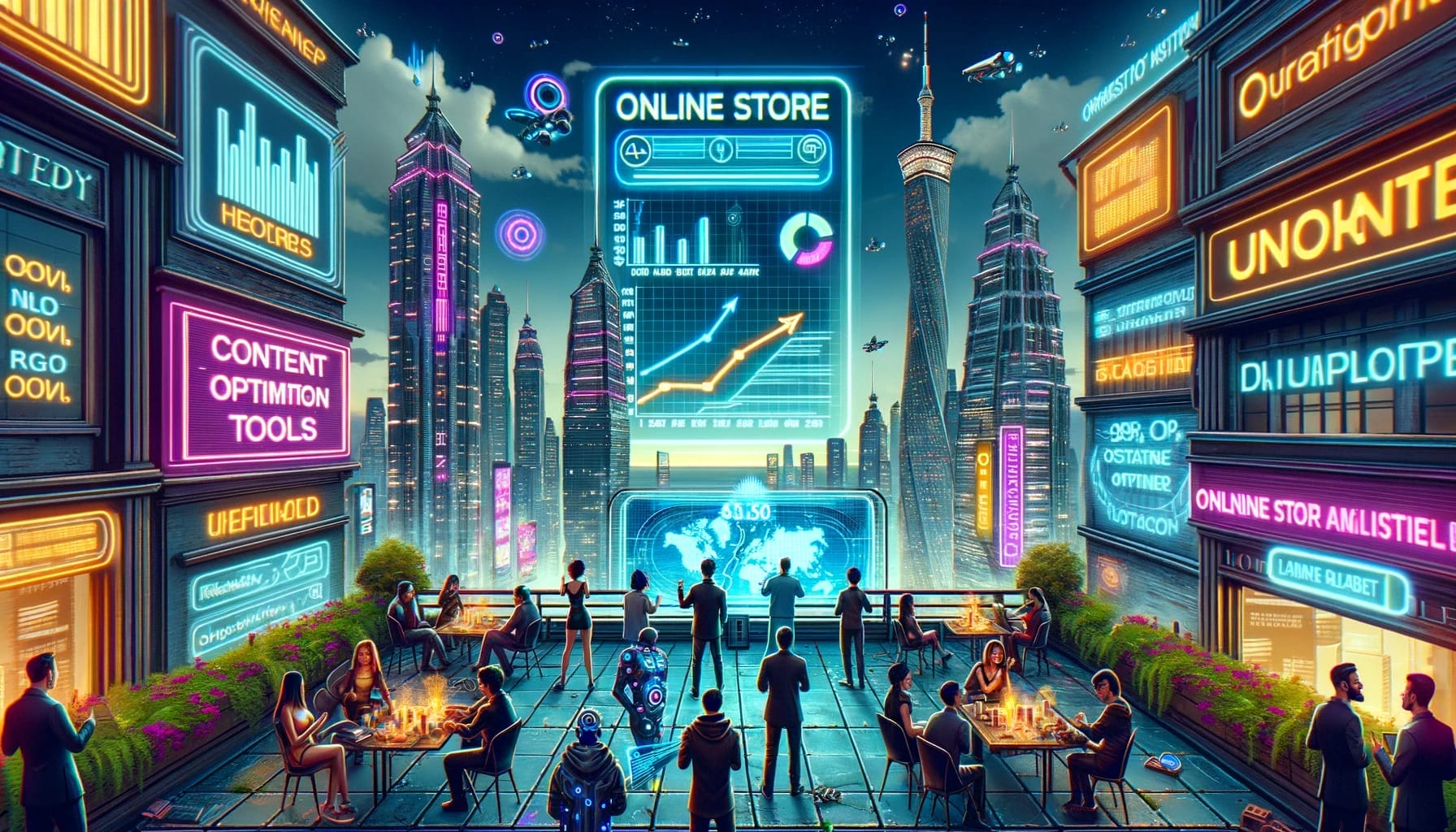 Cyberpunk-style illustration of a rooftop gathering in a mega-city. Entrepreneurs and tech enthusiasts congregate around a holographic projector displ