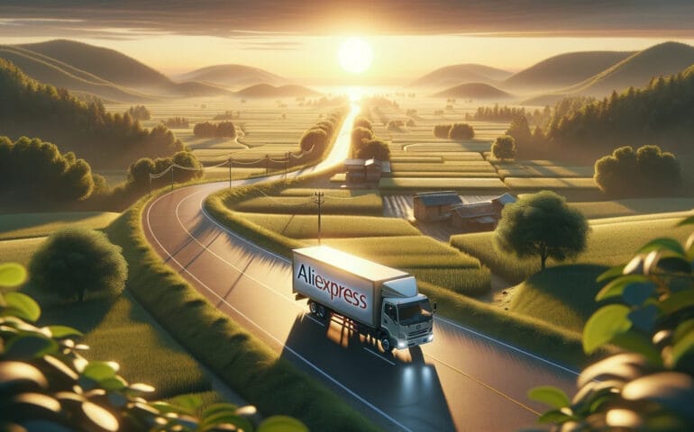 Photo depicting a lifelike landscape of a serene countryside where a delivery truck, hinting at AliExpress