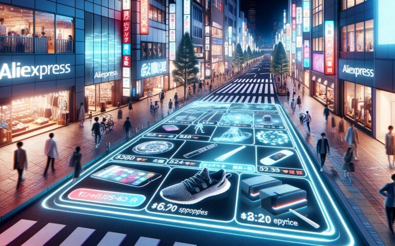 Illustration of an interactive digital art projection on a Tokyo pedestrian street, focusing on trending AliExpress sports equipment. The ground displ