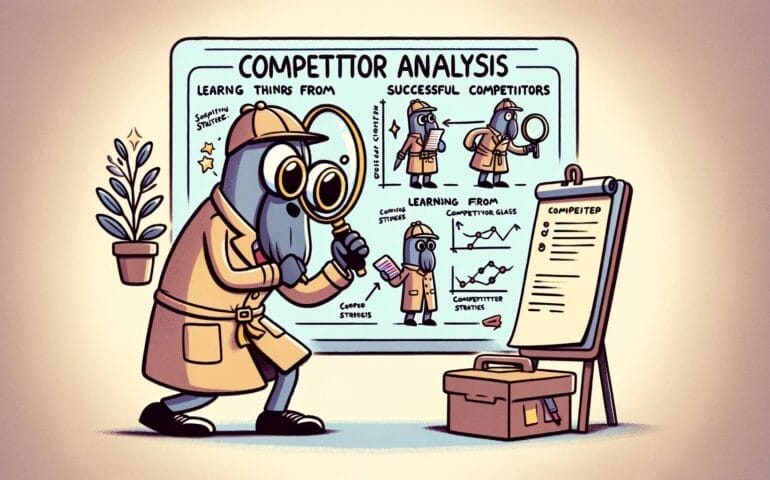 A cartoonish, minimalistic single-panel comic showing a detective-like character doing competitor analysis in the dropshipping market. The character,